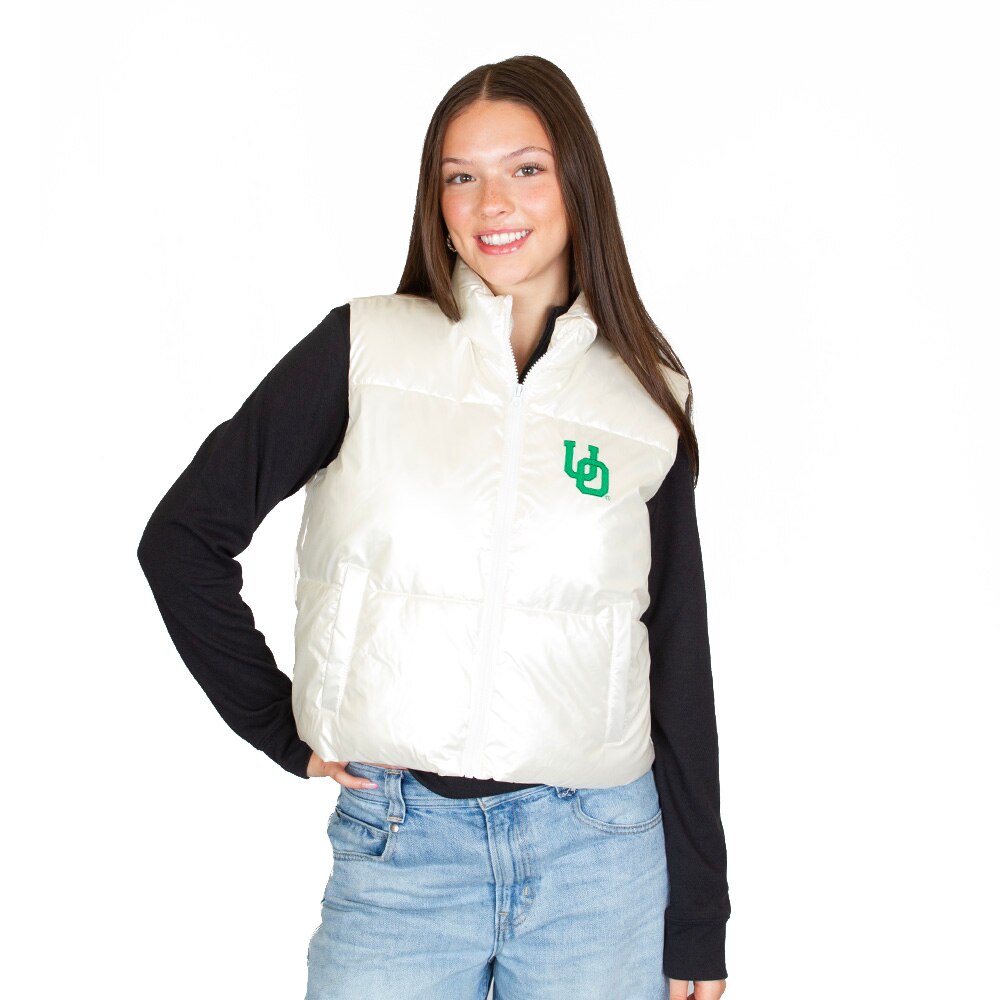 Interlocking UO, Zoozatz, Pink, Vest, Polyester, Women, Pearl Shine, Cropped, Puffer, 954327